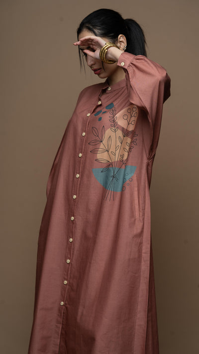 Muted Desert Rose Leafy Elegance Shirt Dress