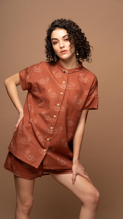 Deep Rust Serene Co-ord Shorts Set in Keep Floating Pattern