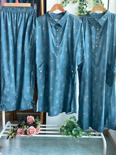 Blue Reya Co-ord Kurta Set in Good morning Pattern