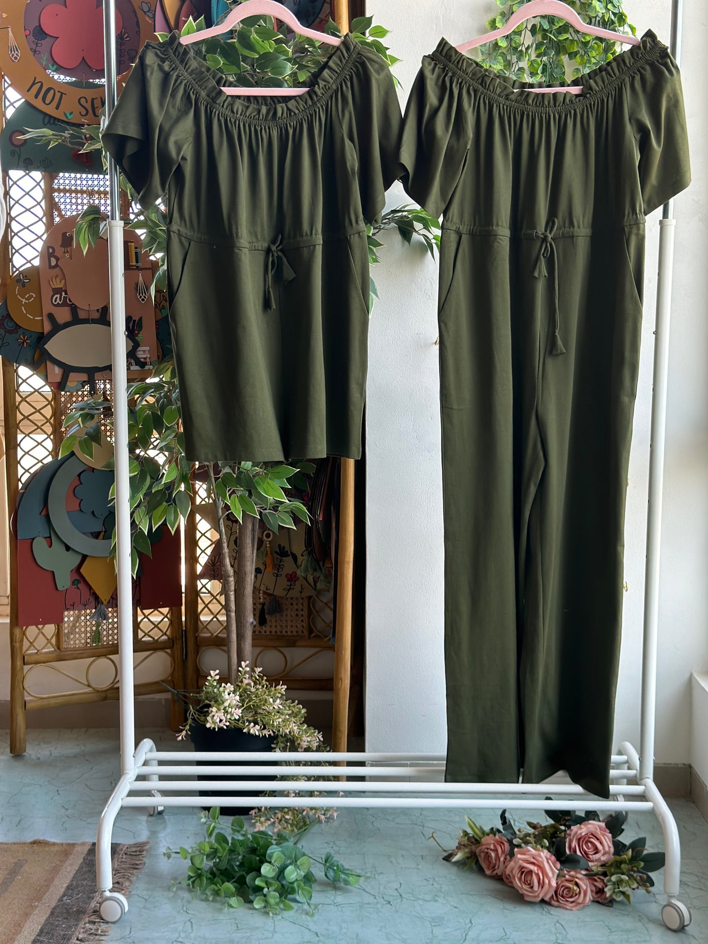 Off-Shoulder Charm Jumpsuit in Olive Green