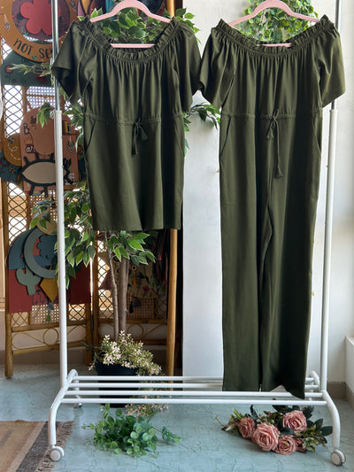 Off-Shoulder Charm Jumpsuit in Olive Green