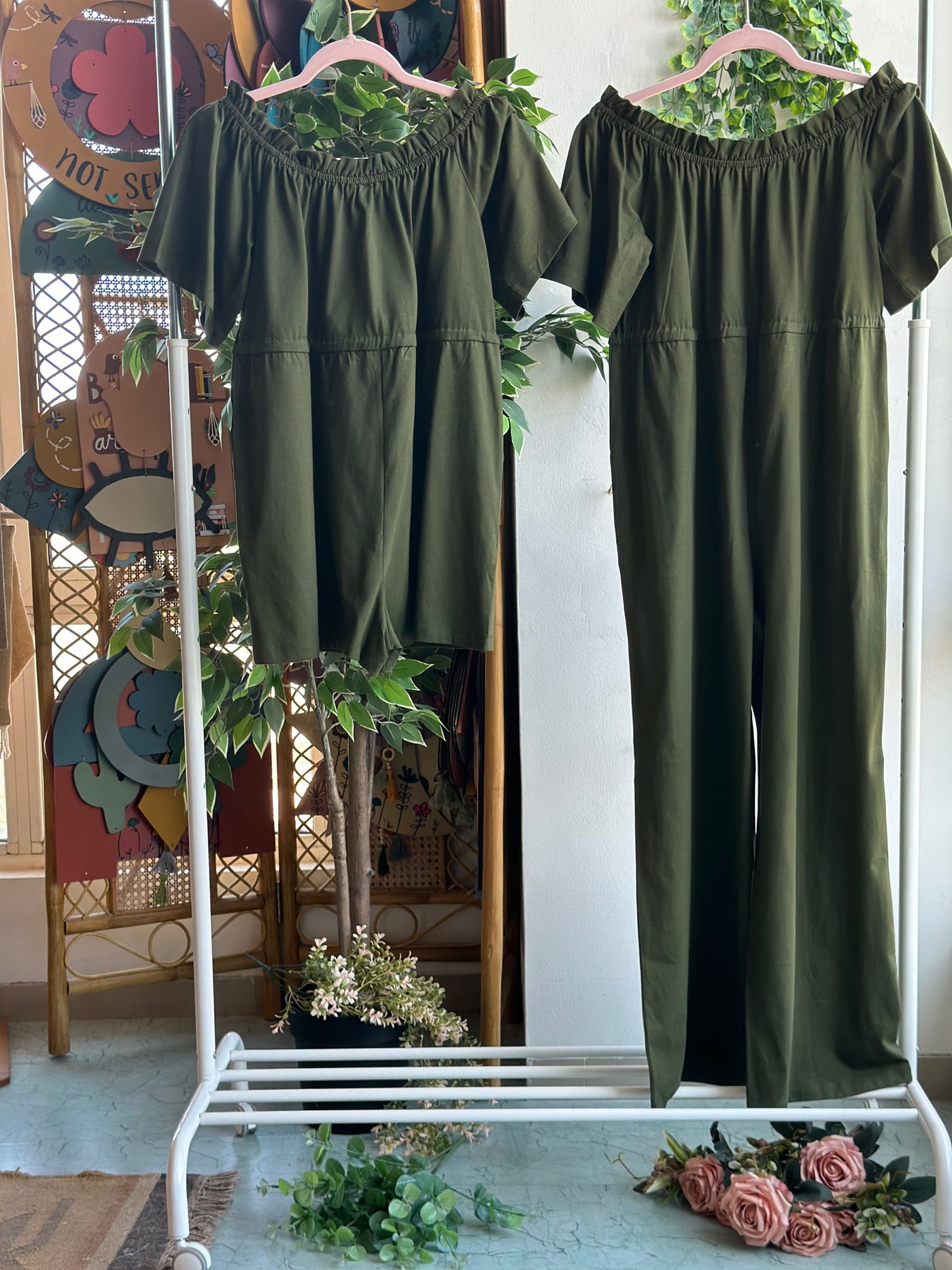 Off-Shoulder Charm Jumpsuit in Olive Green