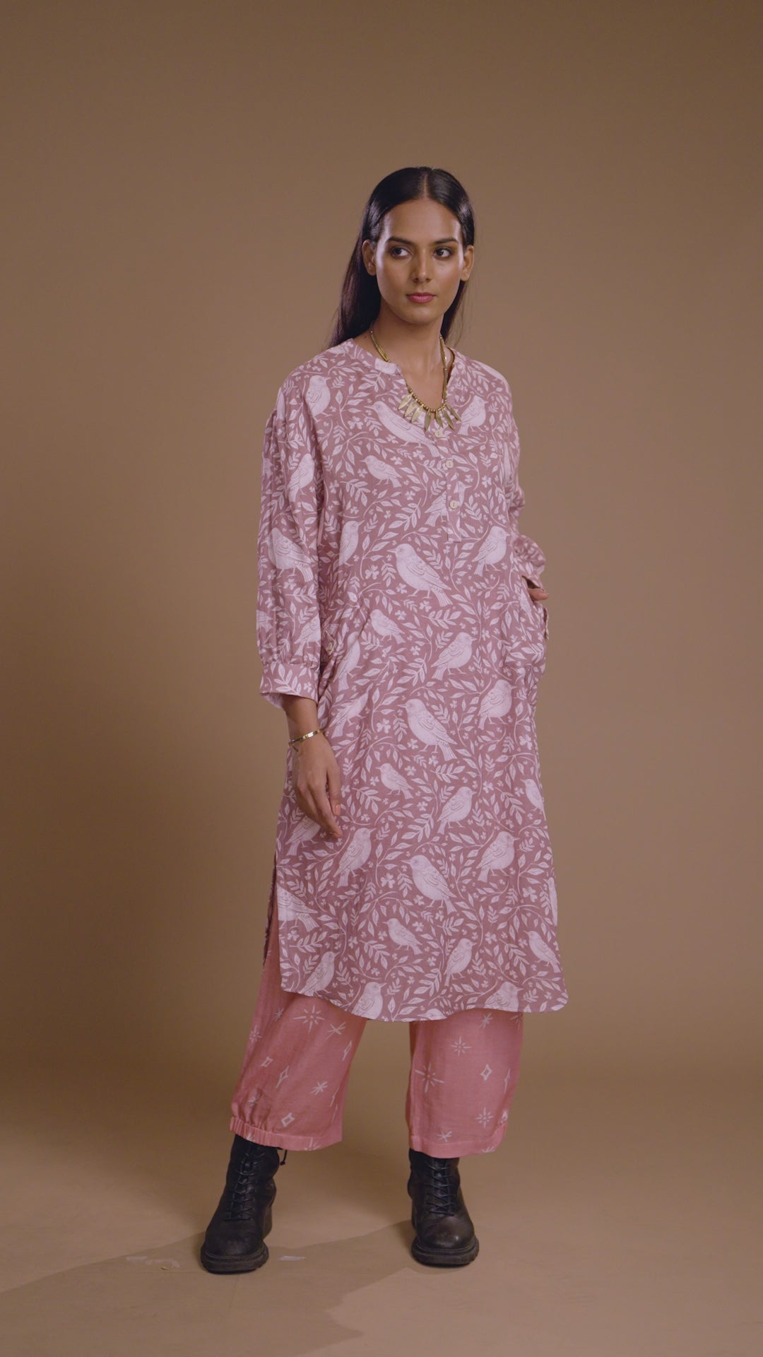 Dusty Mauve Dara Kurta in the Enchanted Forest Pattern