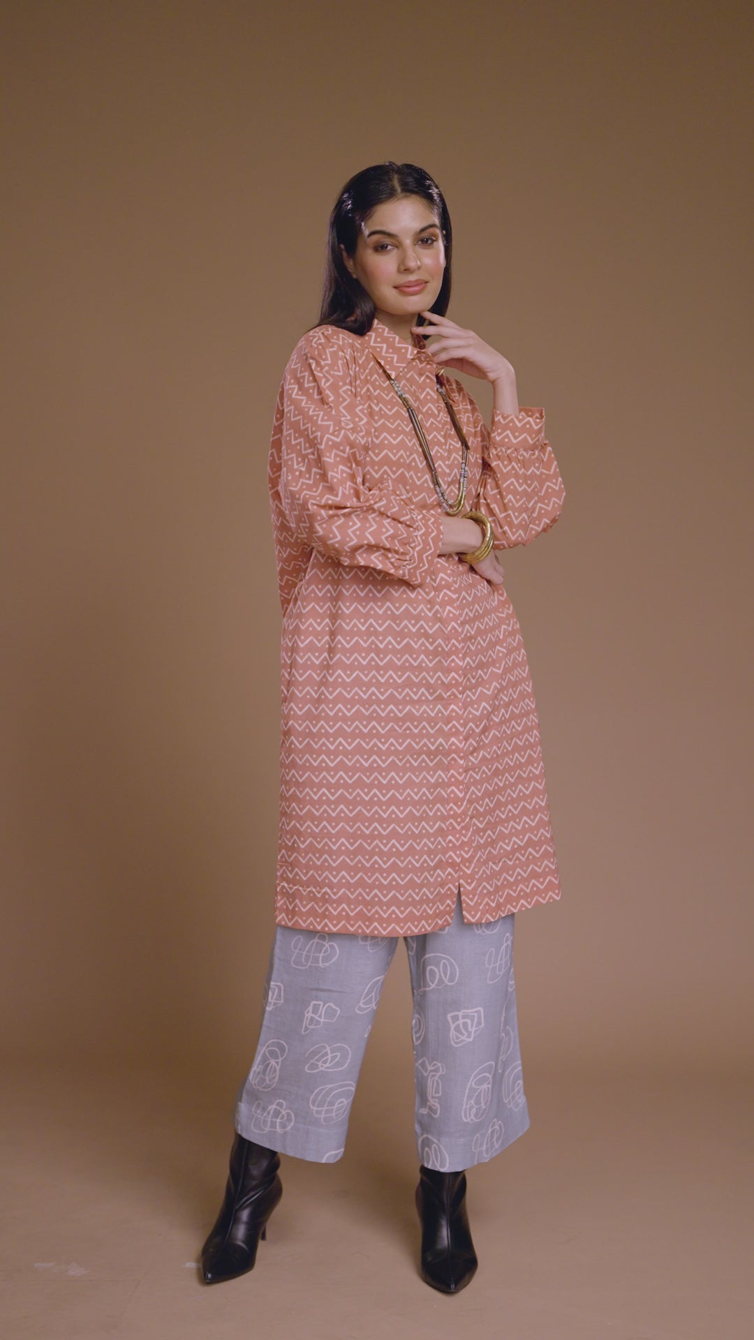 Terracotta Saga Kurta in Zig Zag and Back Pattern